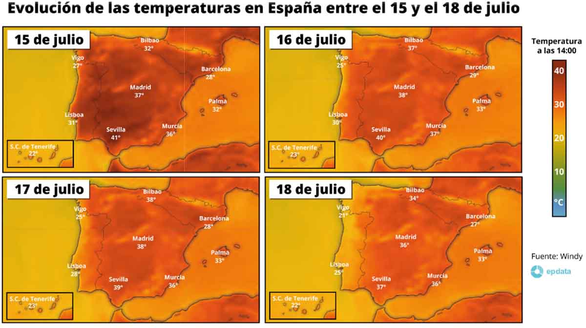 Mapas con las temperaturas en España entre el 15 y el 18 de julio de 2022 / Imagen: EP Mapas con las temperaturas en España entre el 15 y el 18 de julio de 2022 / Imagen: EP