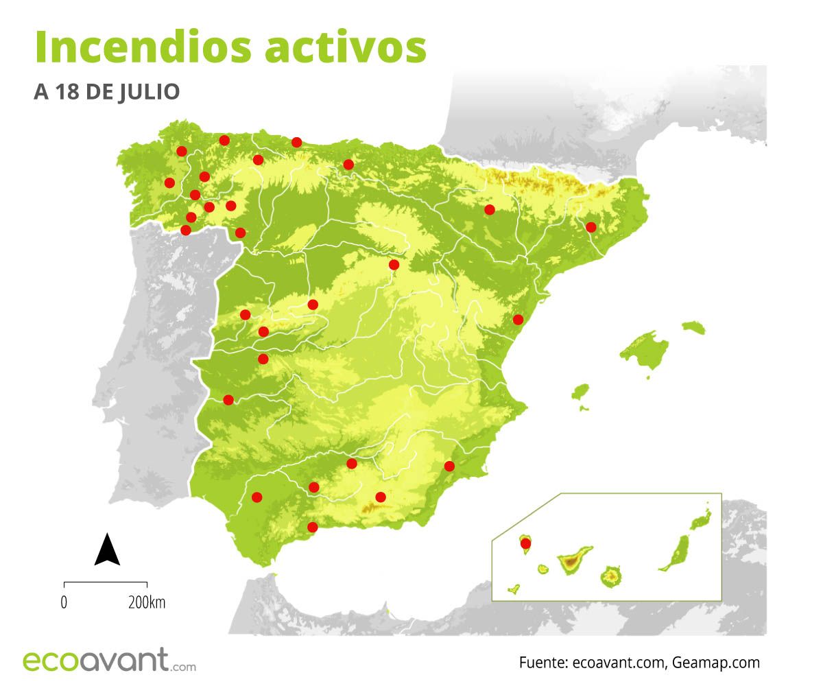 Incendios forestales activos en España a 18 de julio / Imagen: EA