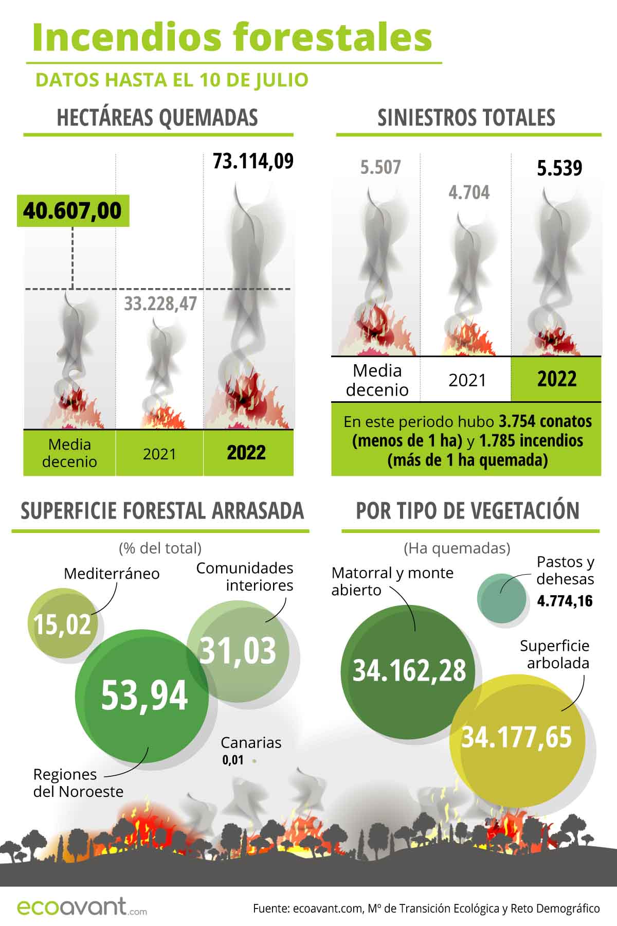 Incendios forestales. Datos hasta el 10 de julio / Imágenes: EA Incendios forestales. Datos hasta el 10 de julio / Imágenes: EA