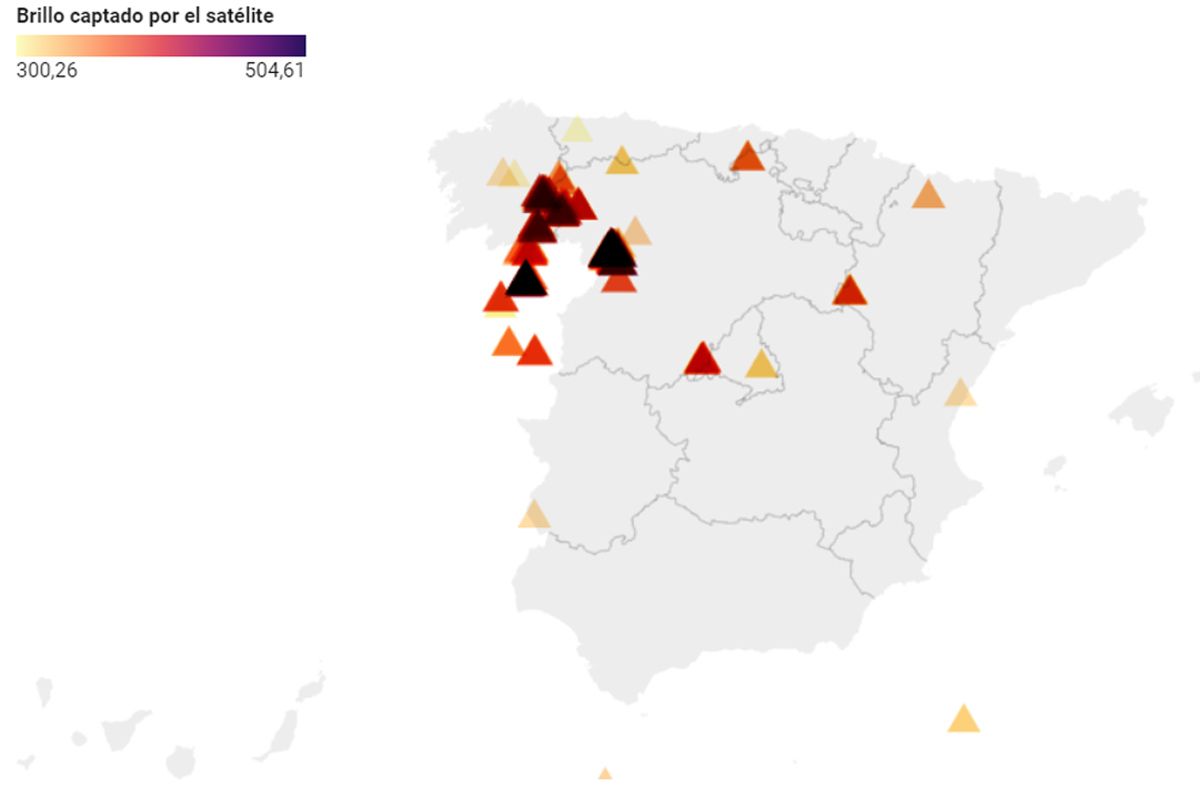 Mapa la situación de los incendios forestales en España el 18 de julio 2022 / Imagen: NASA