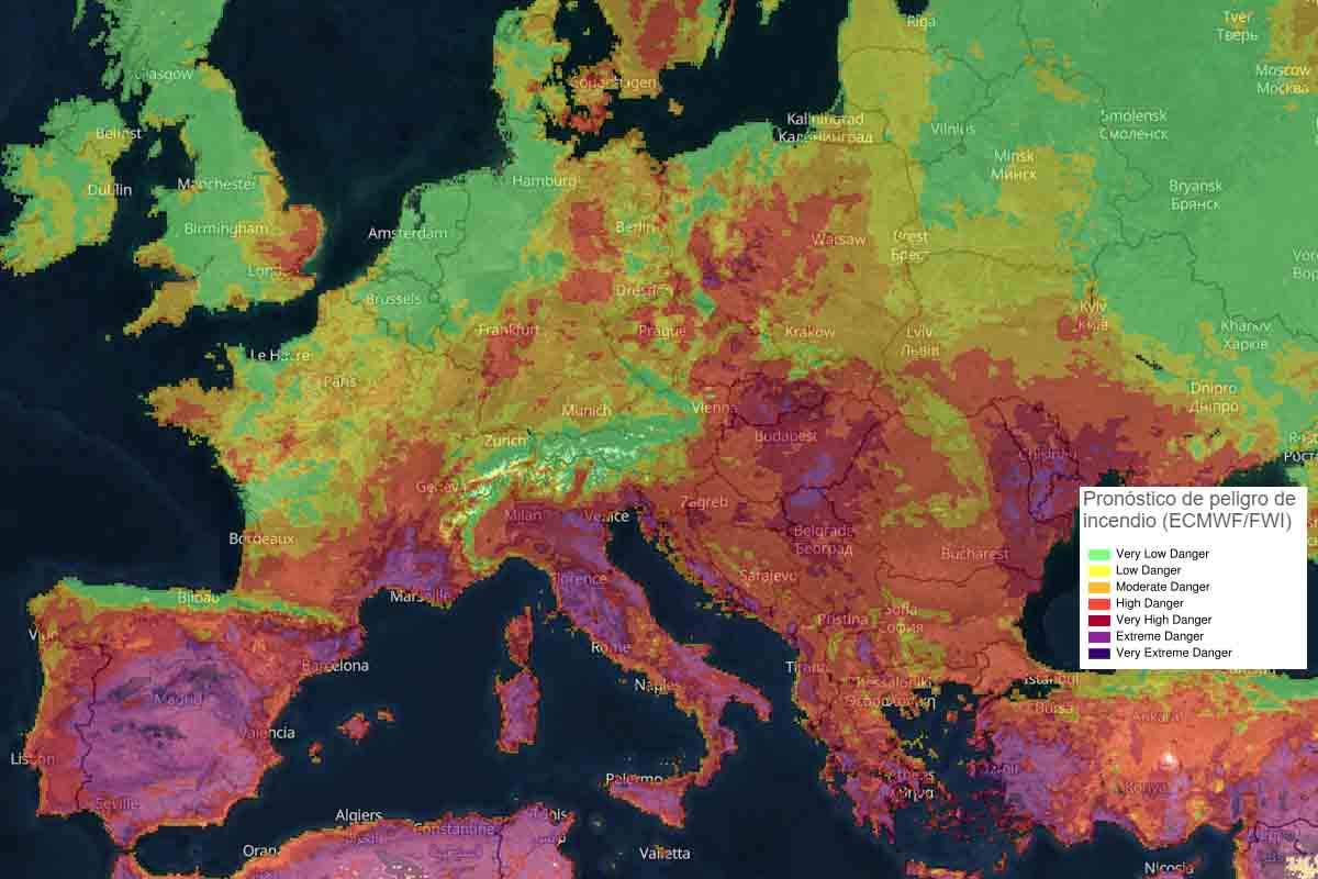 Pronóstico de peligro de incendios en Europa a 22 de julio de 2022 / Imagen: Copernicus