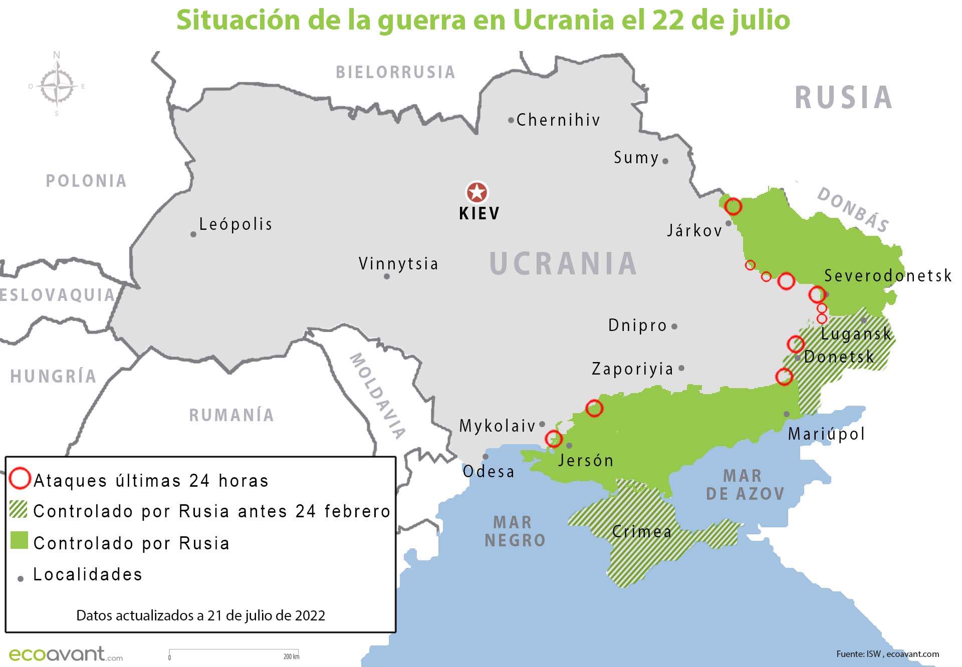 Situación de la guerra en Ucrania el 22 de julio / Imagen: EA