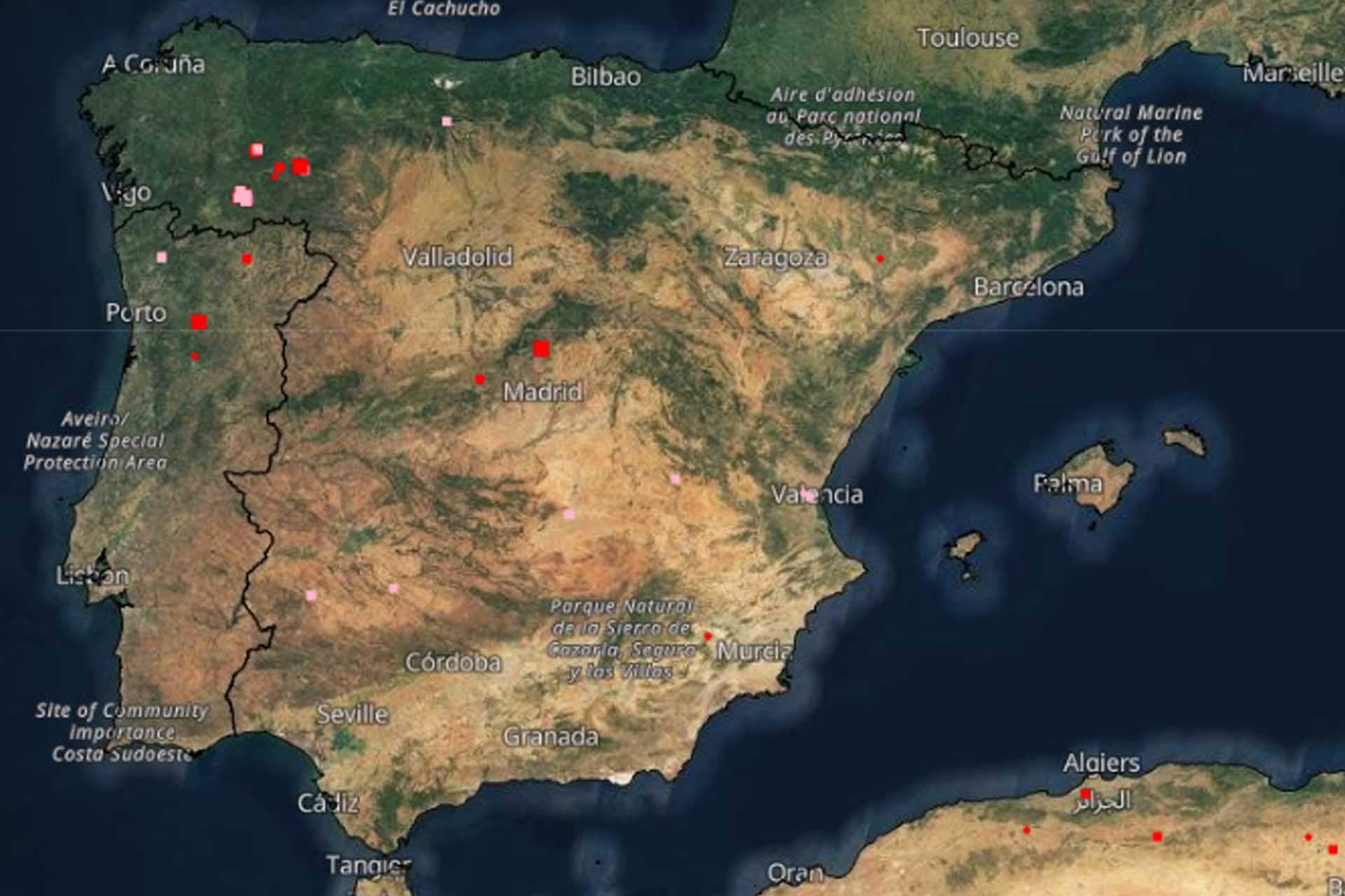 Mapa de los fuegos activos y las áreas quemadas en España a 23 de julio de 2022 / Imagen: EFFIS Mapa de los fuegos activos y las áreas quemadas en España a 23 de julio de 2022 / Imagen: EFFIS