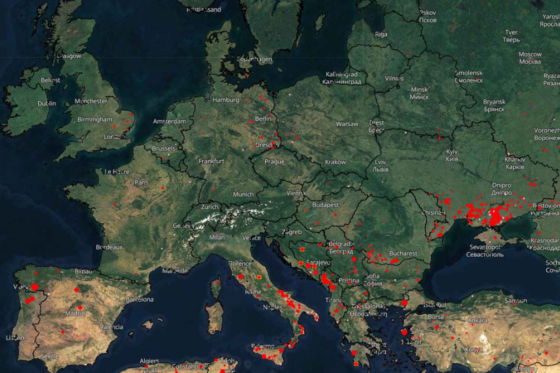 Mapa de los fuegos activos y las áreas quemadas en Europa a 25 de julio de 2022 / Imagen: Copernicus
