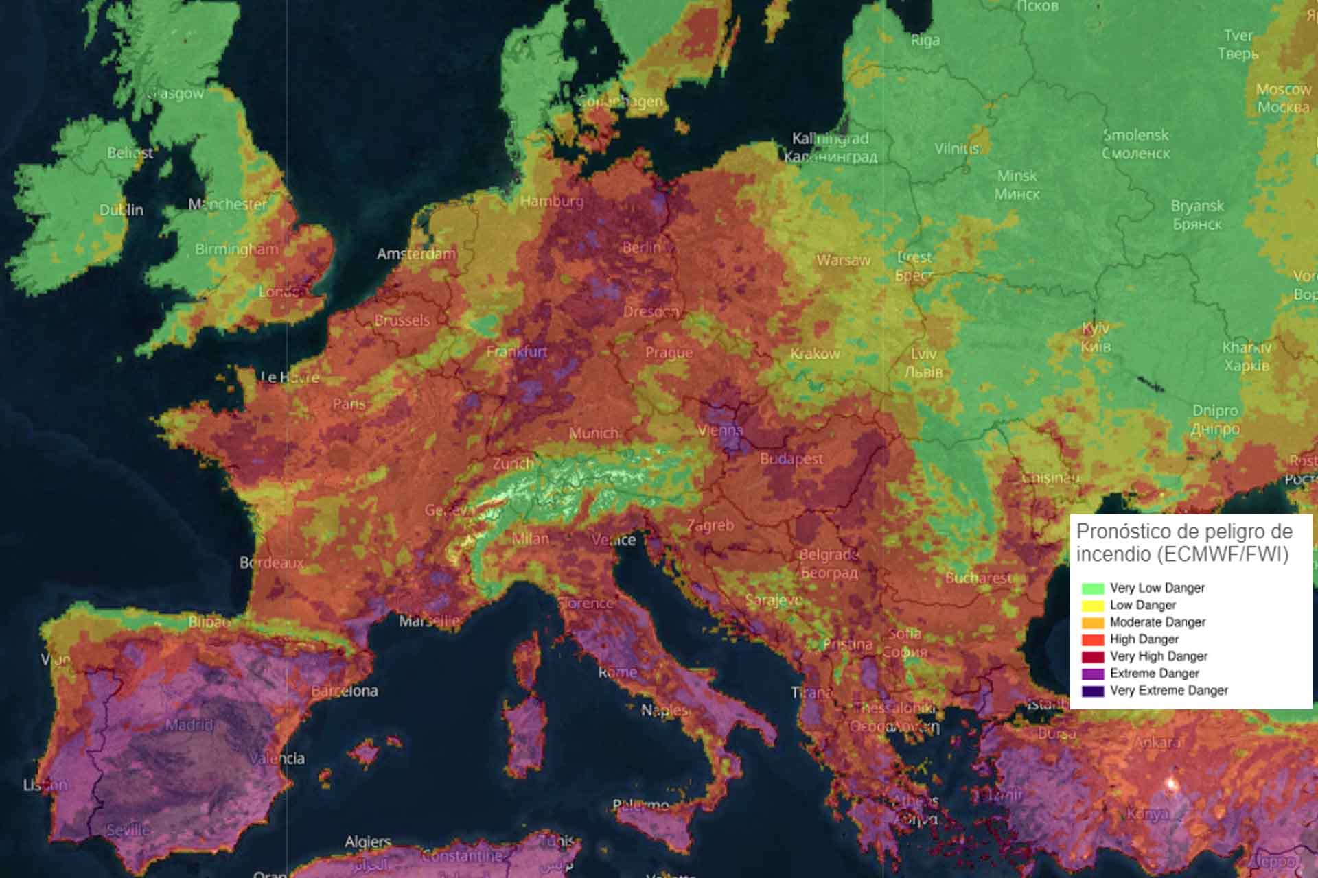 Pronóstico de peligro de incendios en Europa a 25 de julio de 2022 / Imagen: Copernicus