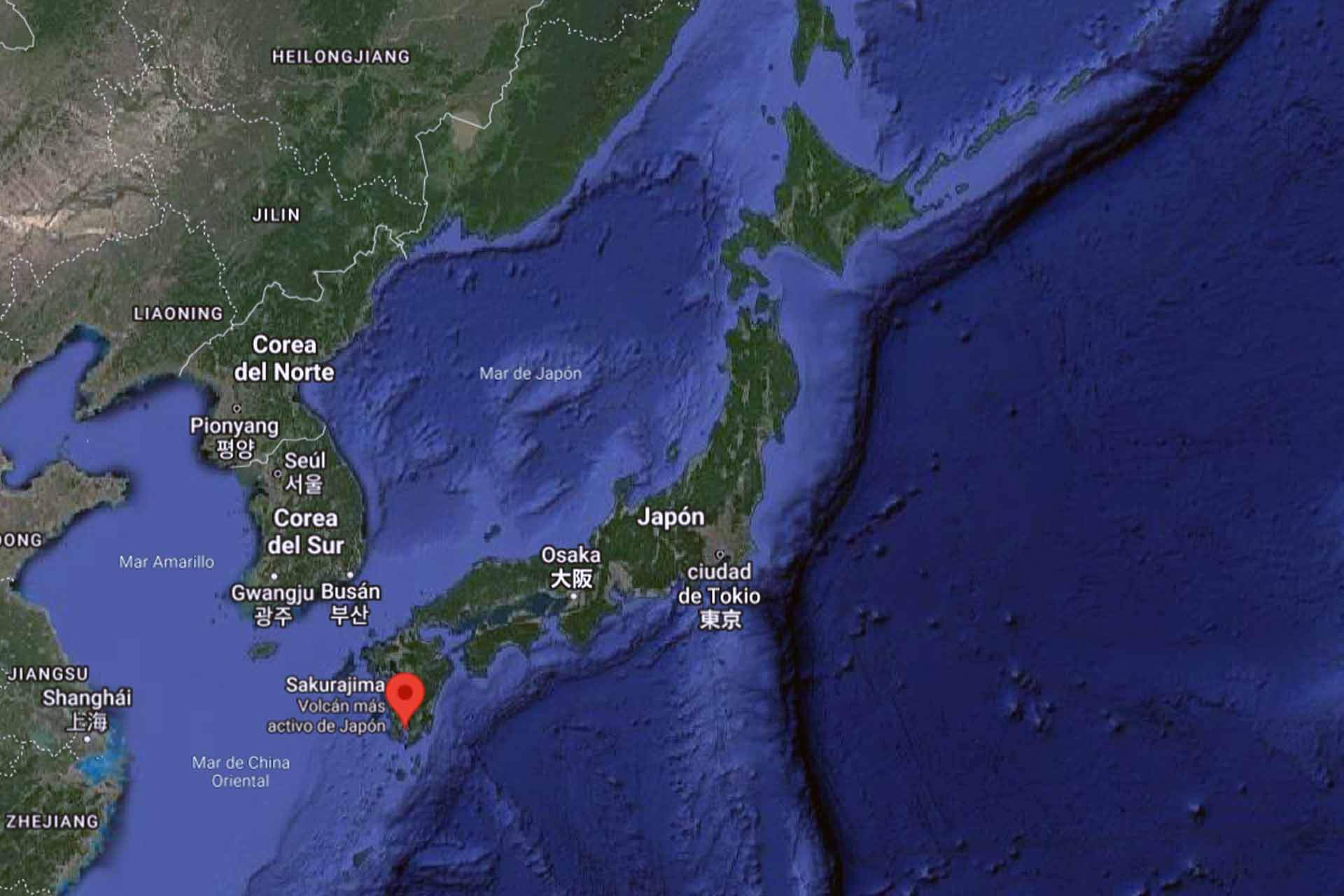 Imagen de Google Maps de la localización volcán japonés de volcán Sakurajima Imagen de Google Maps de la localización volcán japonés de volcán Sakurajima
