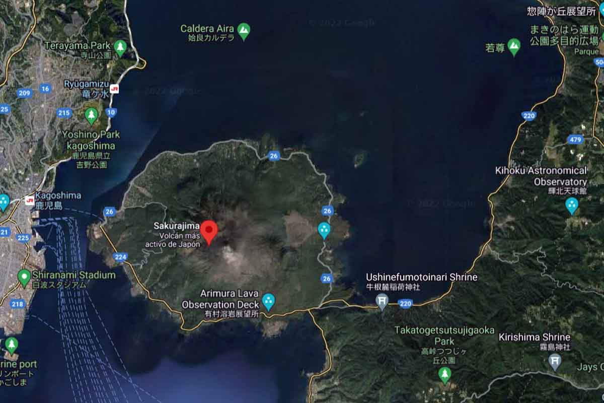 Imagen de Google Maps del volcán japonés de volcán Sakurajima / Imagen: Google Maps Imagen de Google Maps del volcán japonés de volcán Sakurajima / Imagen: Google Maps