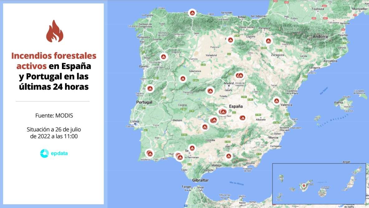 Incendios forestales activos en España y Portugal en las últimas 24 horas a 26 de julio de 2022 / Imagen: EP