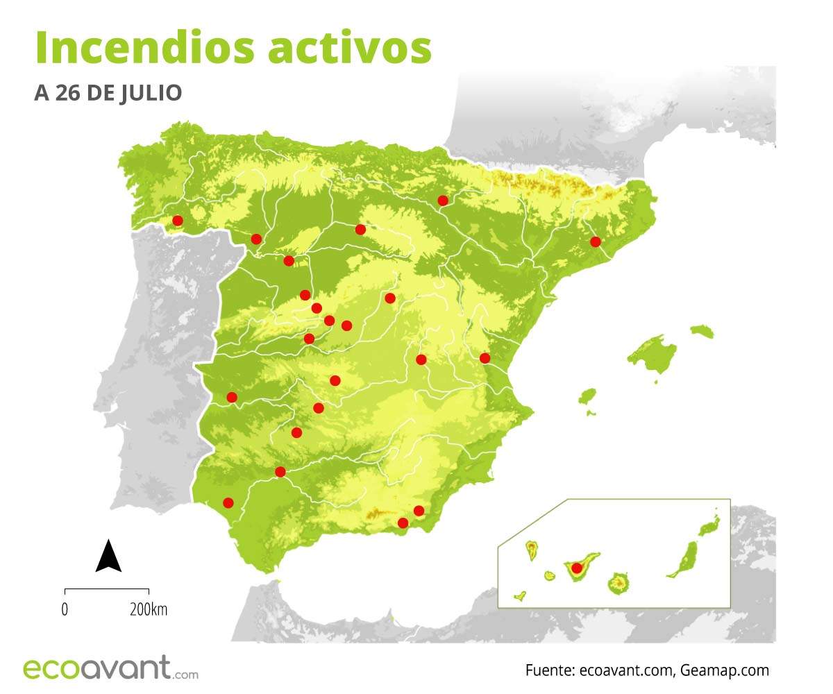 Mapa de los incendios forestales activos en España a 26 de julio de 2022 / Mapa: EA