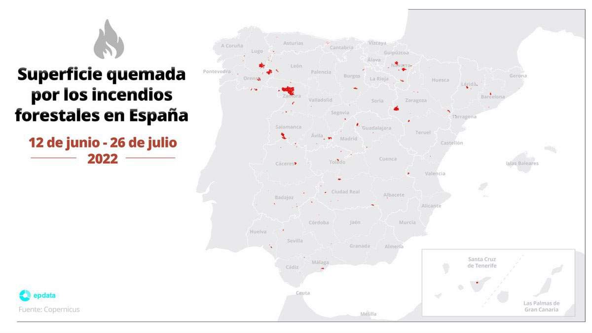 Mapa sobre las superficies quemadas por el fuego entre el 12 de junio y el 26 de julio de 2022 en España / Imagen: EP