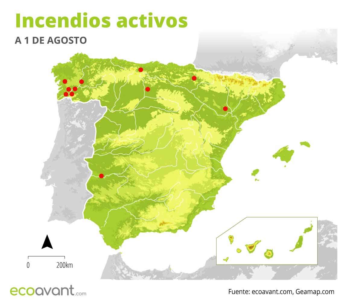 Mapa de los incendios forestales activos en España a 1 de agosto de 2022 / Mapa: EA