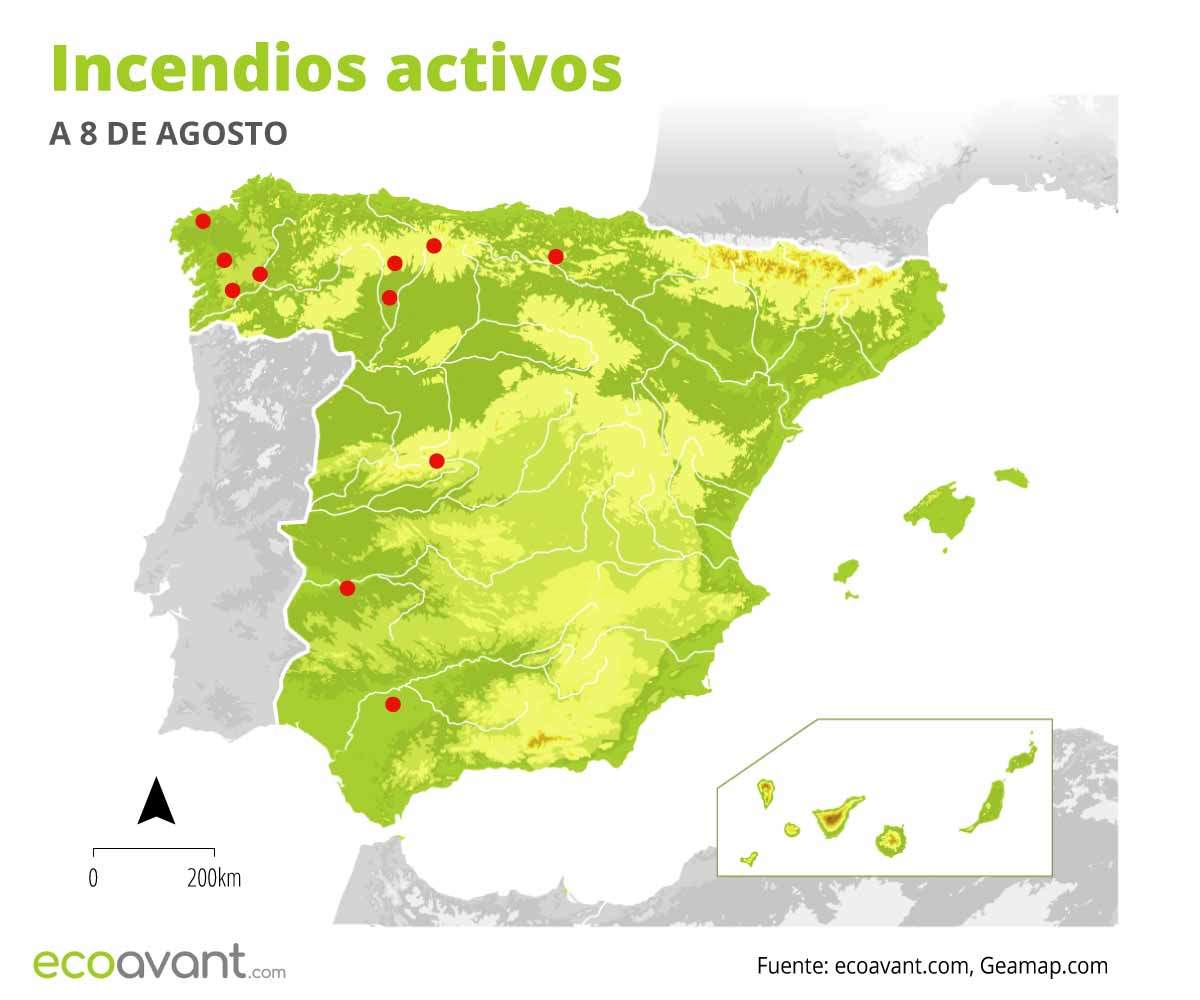 Mapa de los incendios forestales activos en España a 8 de agosto de 2022 / Mapa: EA