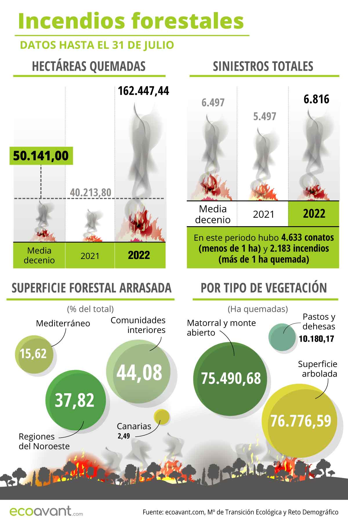Incendios forestales datos hasta el 31 de julio de 2022 / Infografía: EA Incendios forestales datos hasta el 31 de julio de 2022 / Infografía: EA