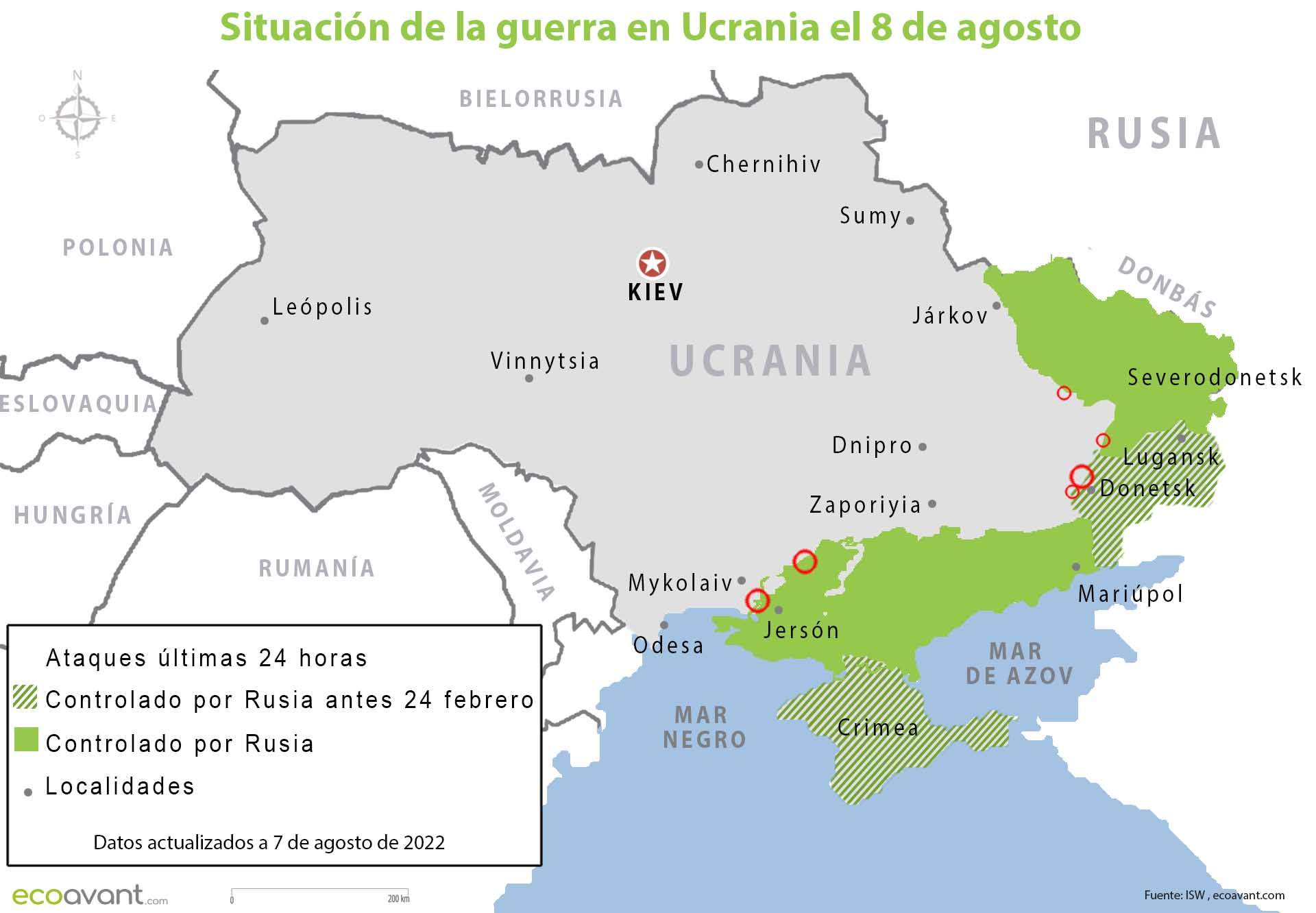Situación de la guerra en Ucrania el 8 de agosto de 2022 / Mapa: EA Situación de la guerra en Ucrania el 8 de agosto de 2022 / Mapa: EA