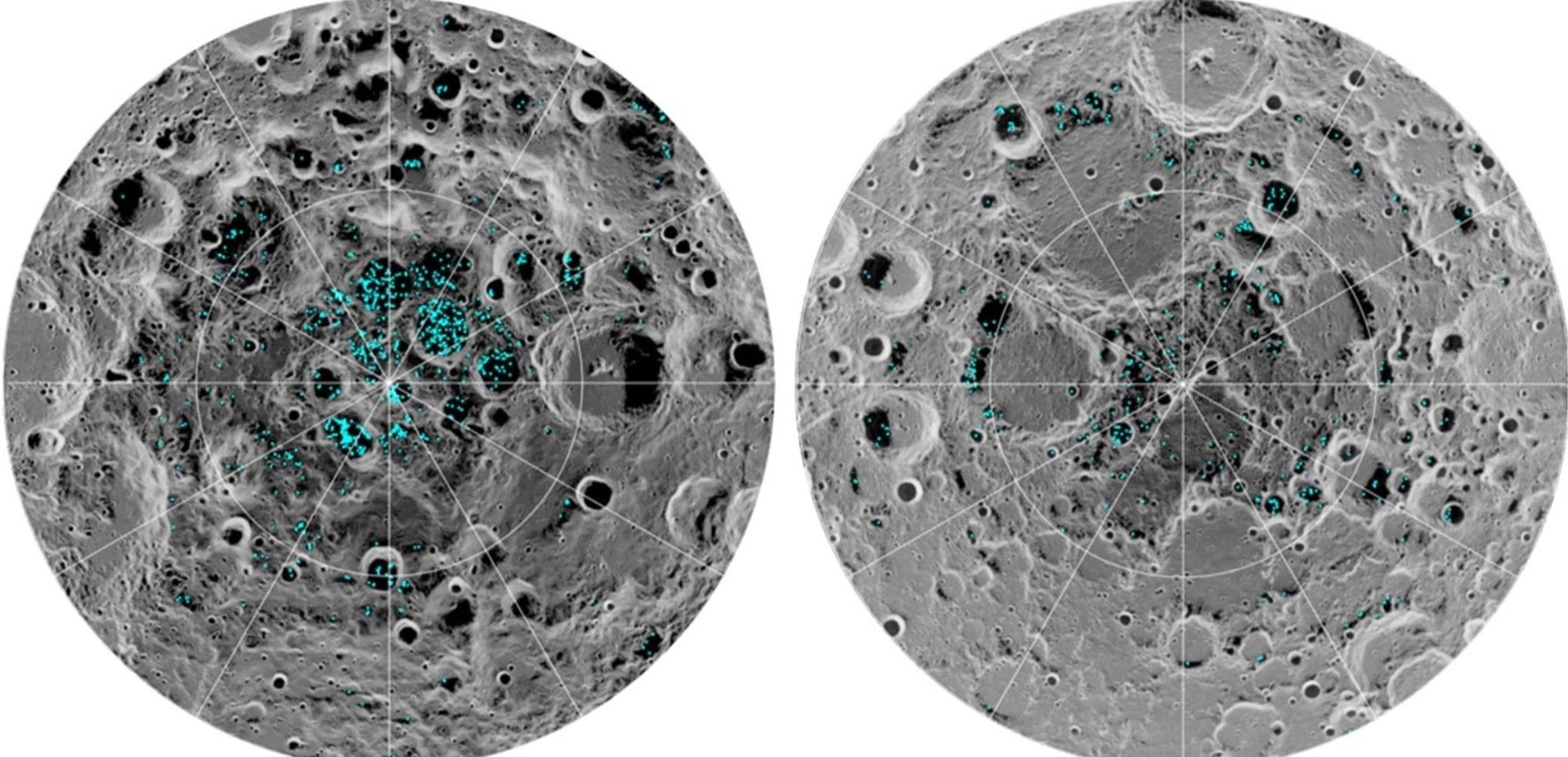 Regiones polares de la Luna donde se han detectado zonas cubiertas de hielo de agua / Foto: NASA