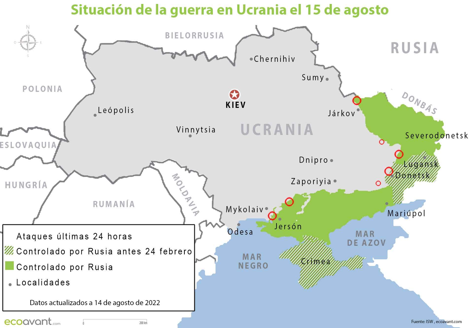 Situación de la guerra en Ucrania el 15 de agosto de 2022 / Mapa: EA