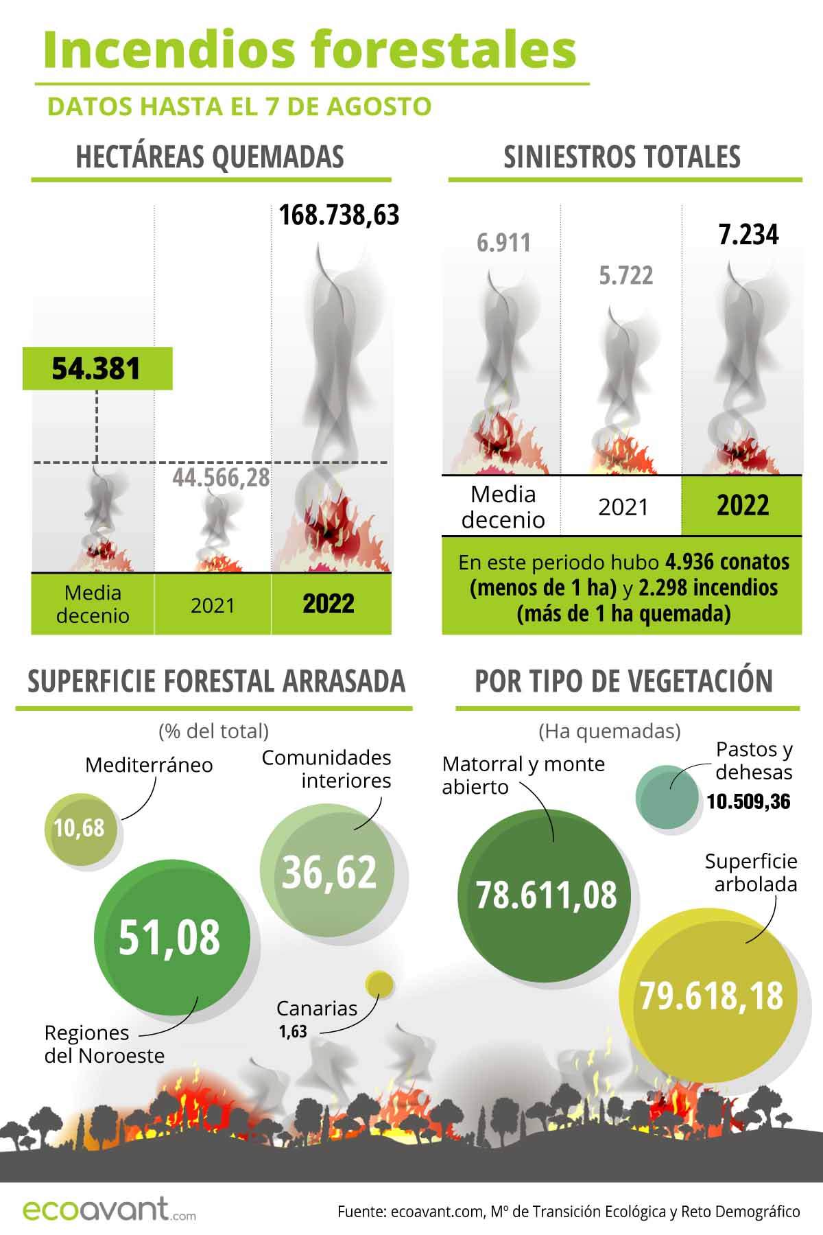 Incendios forestales hasta el 7 de agosto de 2022 / Infografía: EA Incendios forestales hasta el 7 de agosto de 2022 / Infografía: EA