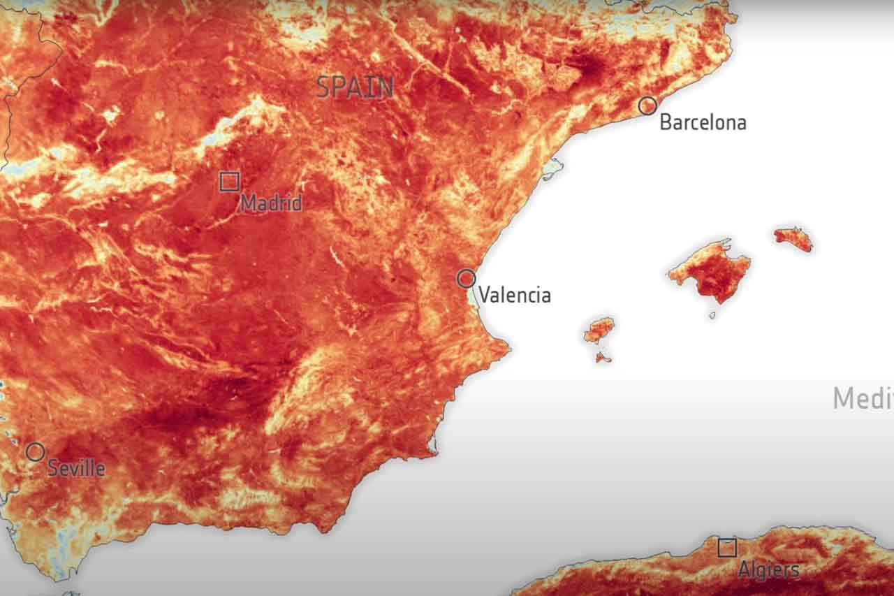 La imagen muestra las temperaturas que se alcanzaron en la superficie del suelo en el norte de África, España el pasado 17 de julio / Imagen: ESA