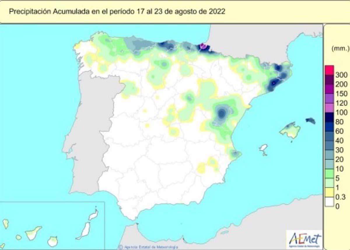 Durante el periodo del 17 al 23 de agosto las precipitaciones fueron escasas en la Península y las islas canarias / Imagen: AEMET