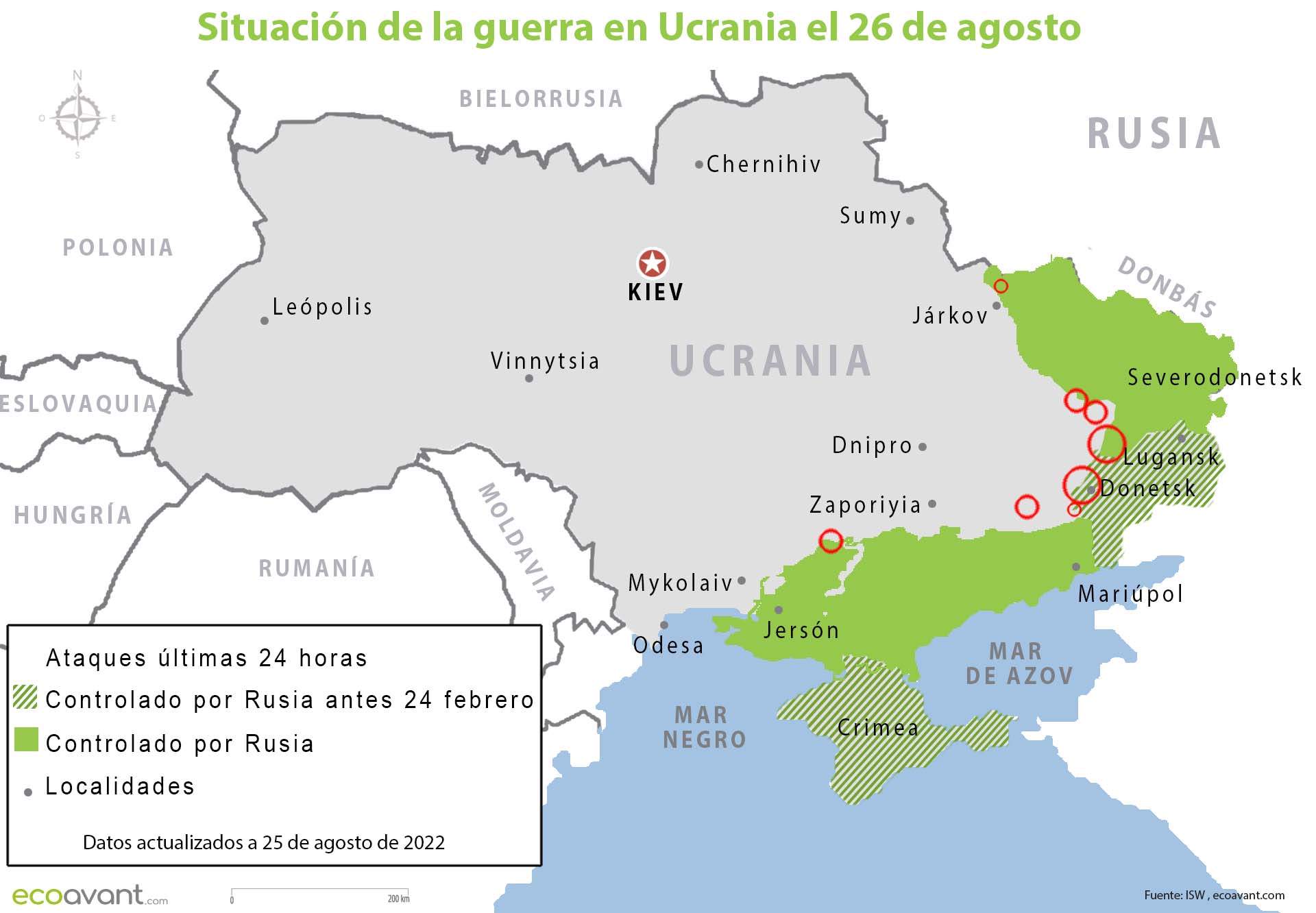 Situación de la guerra en Ucrania el 26 de agosto de 2022 / Mapa: EA Situación de la guerra en Ucrania el 26 de agosto de 2022 / Mapa: EA