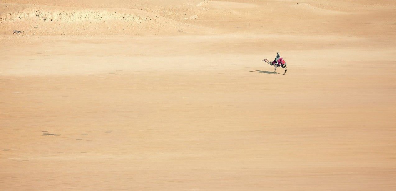 Un hombre se desplaza a lomos de un dromedario por el desierto en Egipto / Foto: 8moments