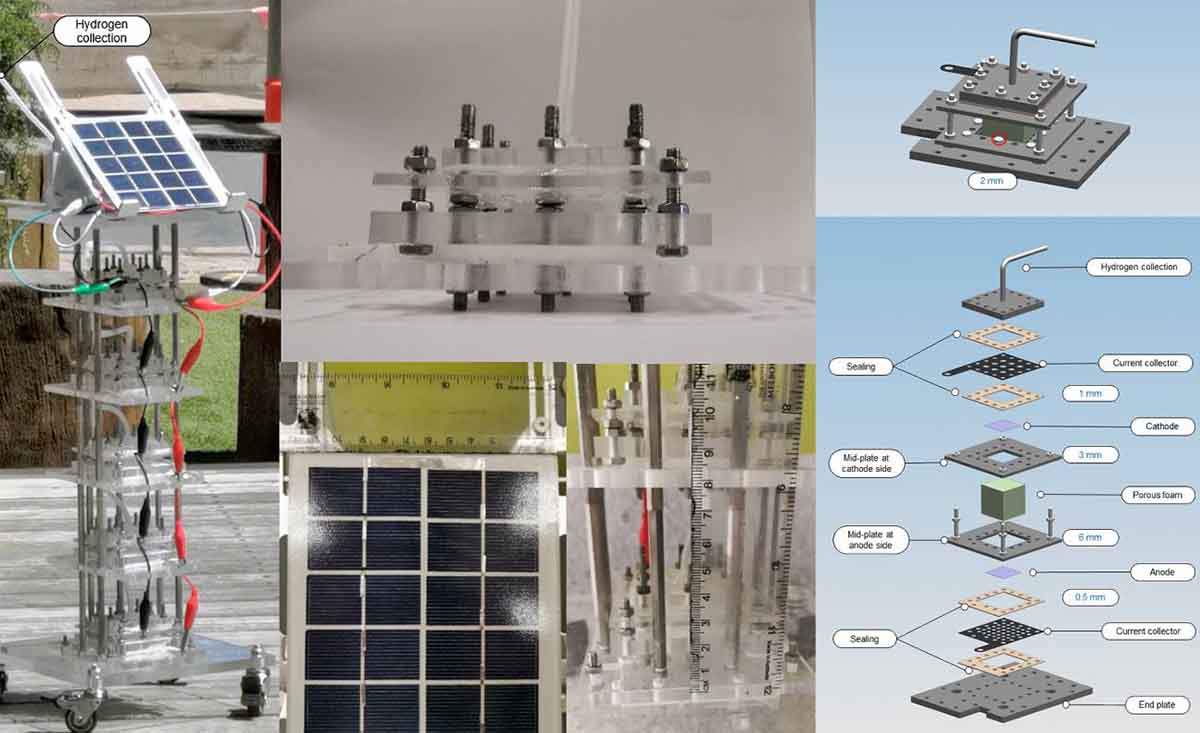 Los investigadores de la Universidad de Melbourne han desarrollado un prototipo con cinco electrolizadores de aire directo (DAE, detallados en la imagen) que permiten obtener hidrógeno y oxígeno del agua del aire / Foto: SINC