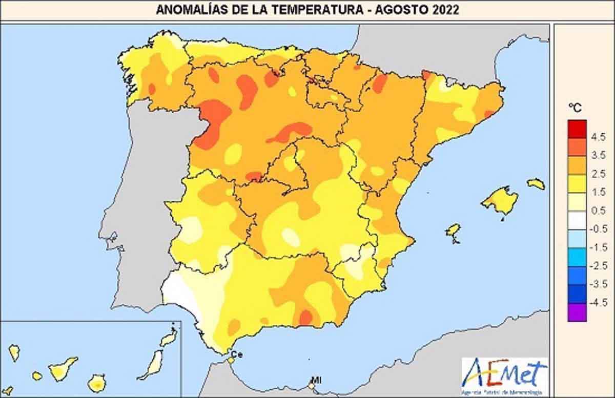 Anomalías térmicas agosto 2022. España ha vivido el verano más cálido de los últimos 60 años / Imagen: AEMET