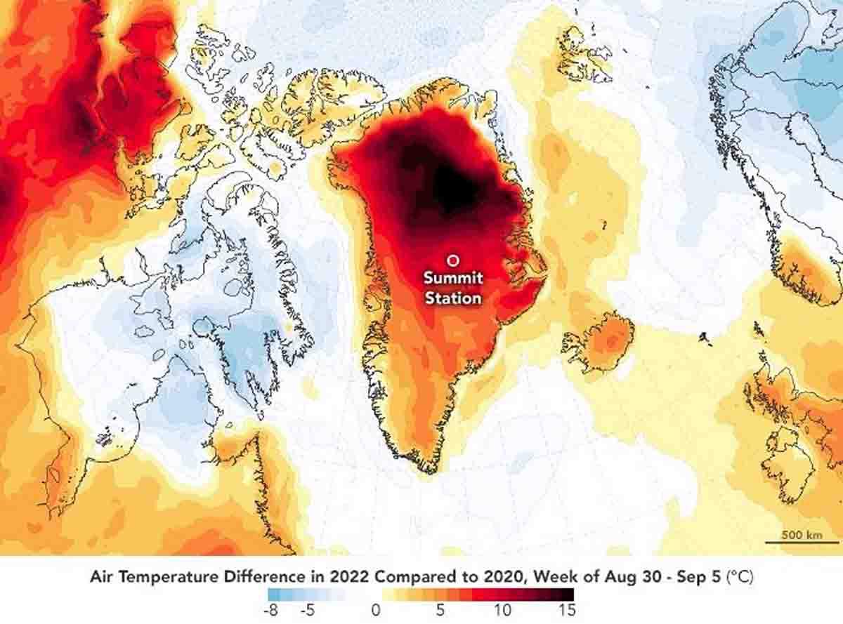 Anomalía de temperaturas en Groenlandia en los prímeros días de septiembre de 2022 / Imagen: NASA Earth Observatory