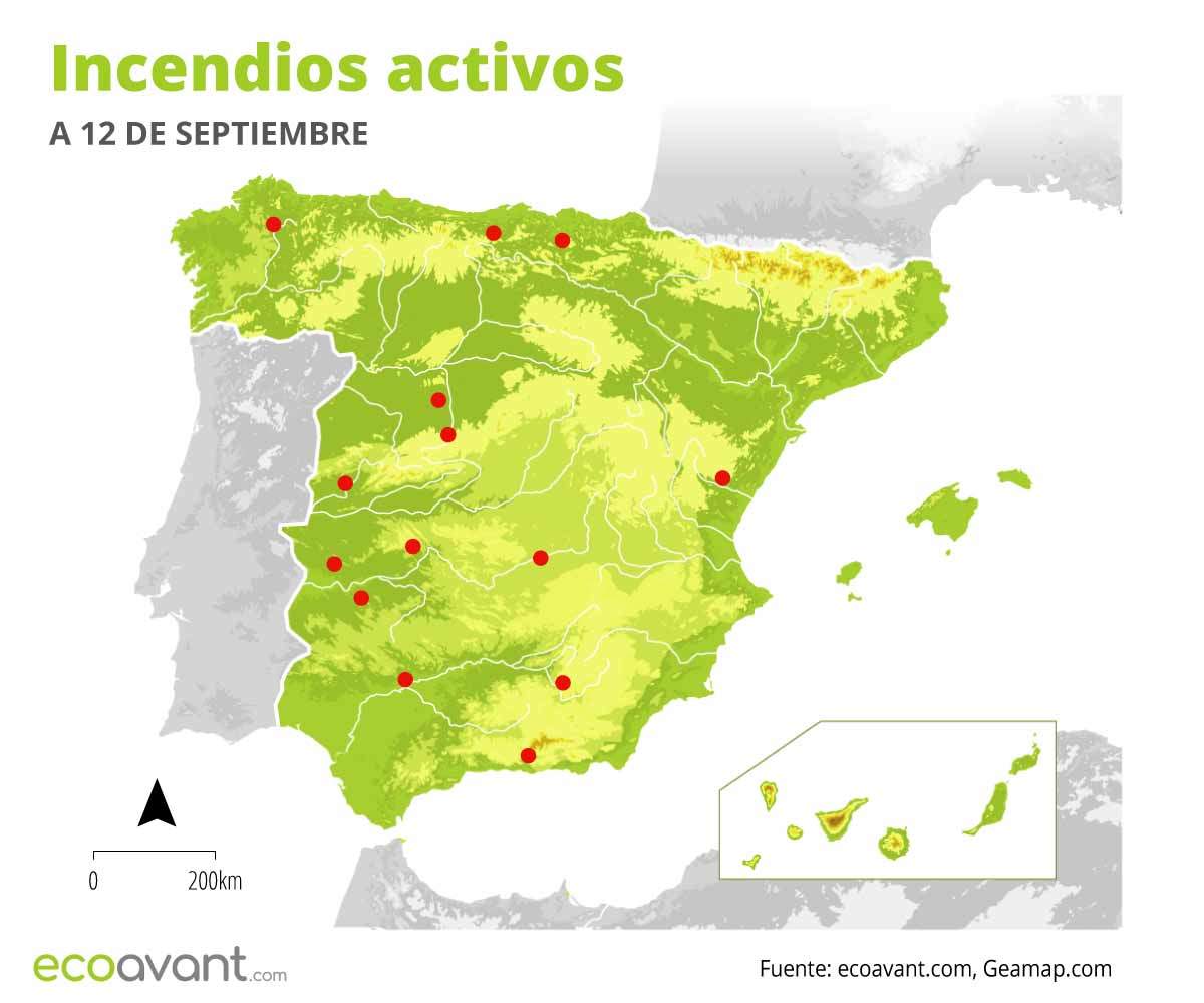 Incendios forestales activos en España a 12 de septiembre / Mapa: EA Incendios forestales activos en España a 12 de septiembre / Mapa: EA