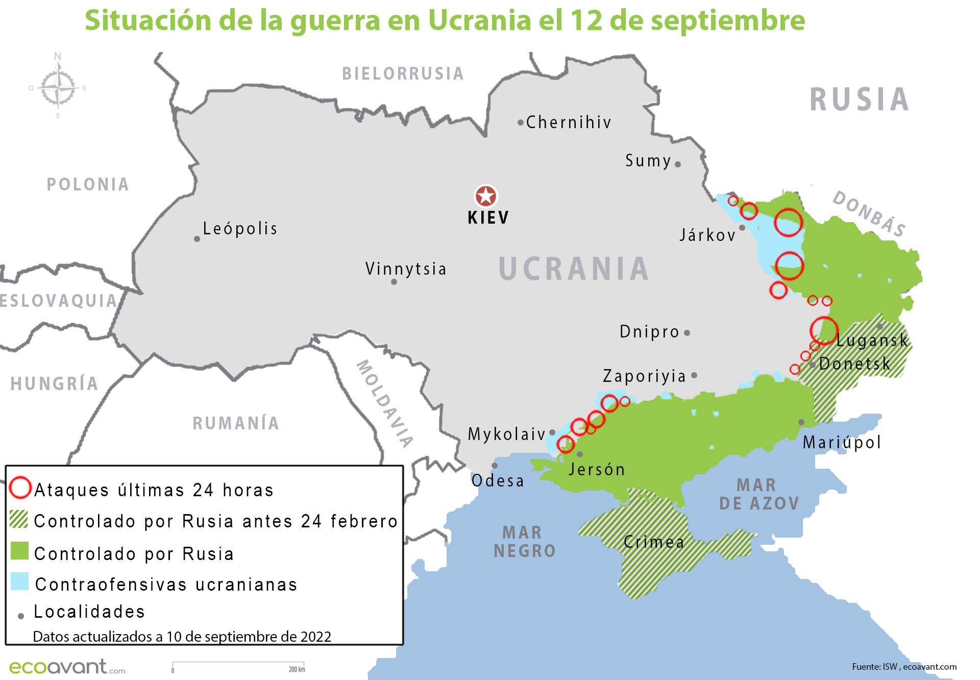 Situación de la guerra en Ucrania el 12 de septiembre de 2022 / Mapa: EA Situación de la guerra en Ucrania el 12 de septiembre de 2022 / Mapa: EA