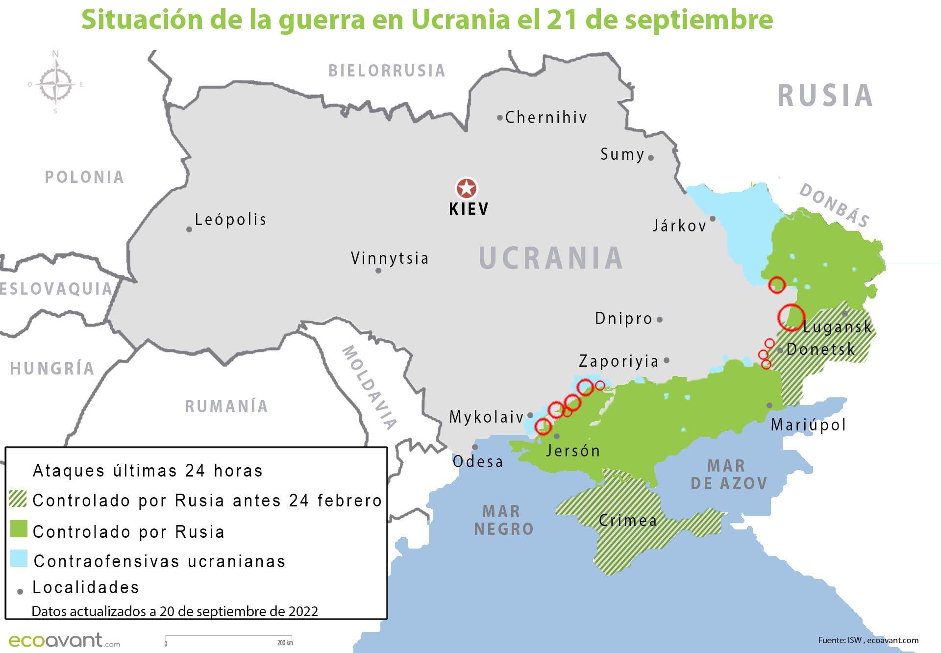 Situación de la guerra en Ucrania el 21 de septiembre de 2022 / Mapa: EA Situación de la guerra en Ucrania el 21 de septiembre de 2022 / Mapa: EA