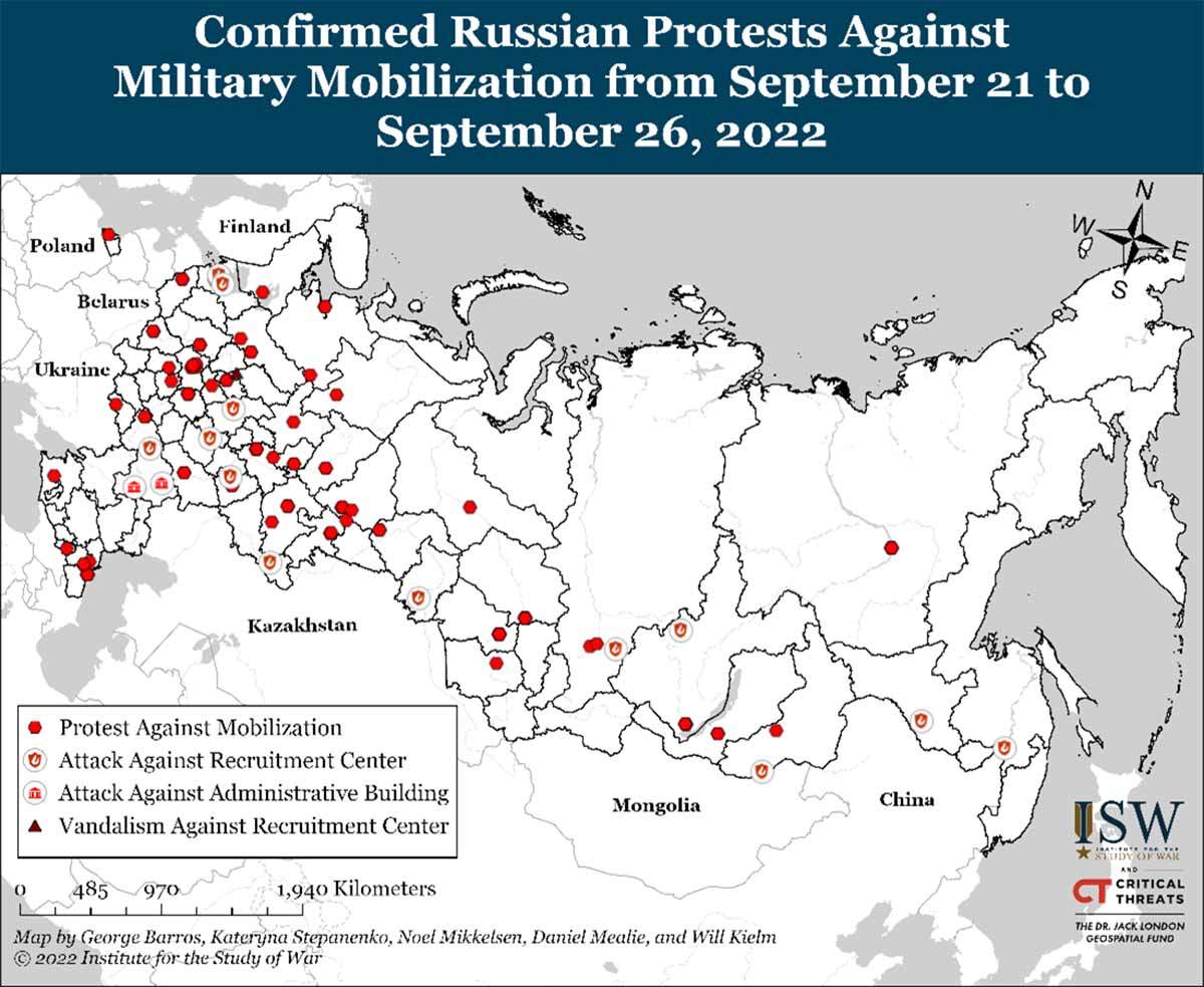 Mapa de Rusia de las protestas contra la movilización parcial y ataques contra los centros de reclutamiento / Mapa: ISW