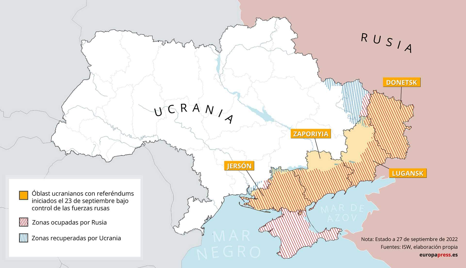 Mapa de los óblast ucranianos con referéndums iniciados el 23 de septiembre bajo el control de las tropas rusas / Mapa: EP Mapa de los óblast ucranianos con referéndums iniciados el 23 de septiembre bajo el control de las tropas rusas / Mapa: EP