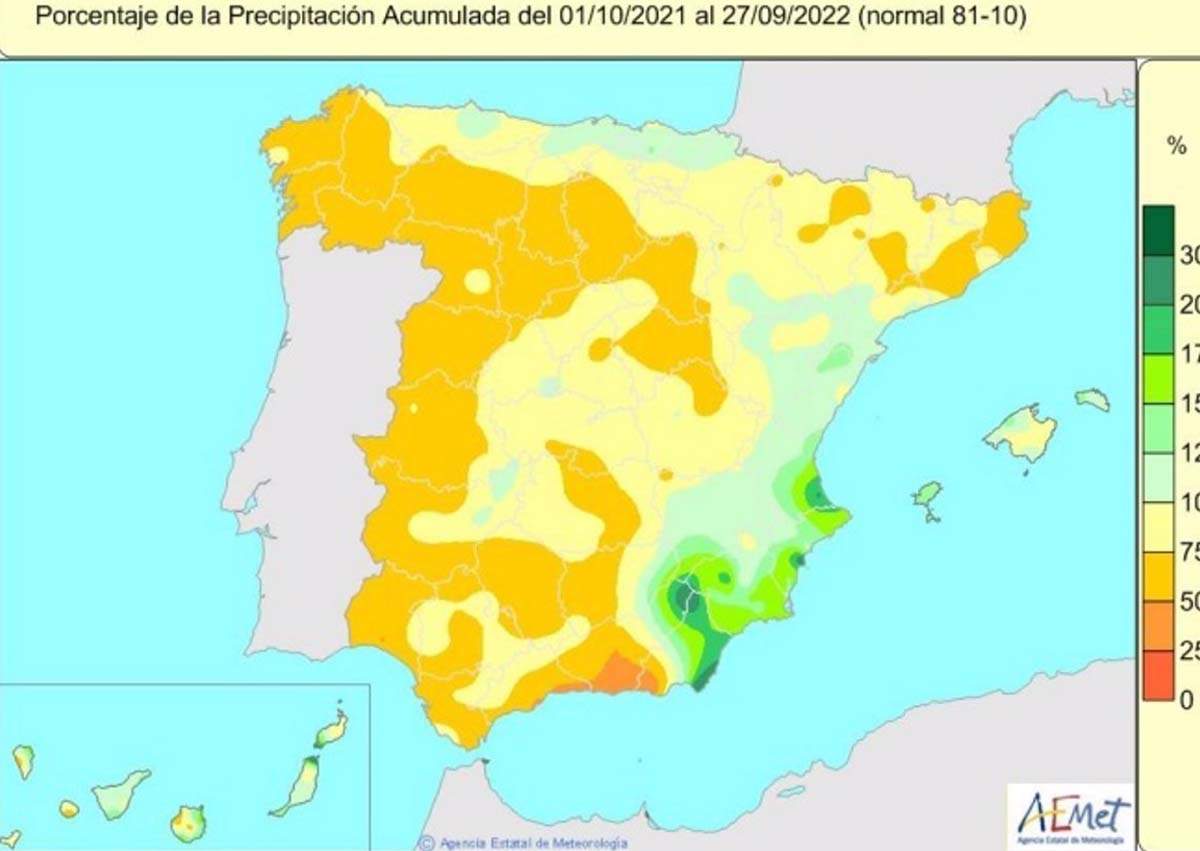 Las lluvias acumuladas entre el 1 de octubre de 2021 y el 27 de septiembre de 2022 están un 26% por debajo de los valores normales / Imagen: AEMET