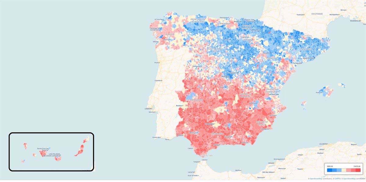 Renta media por persona en los municipios de España