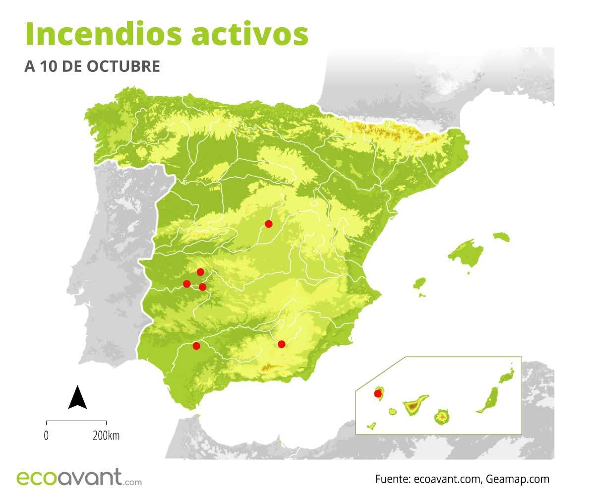 Incendios forestales activos en España a 10 de octubre de 2022 / Mapa: EA Incendios forestales activos en España a 10 de octubre de 2022 / Mapa: EA