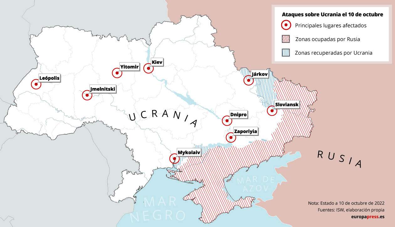 Ataques rusos sobre Ucrania a 10 de octubre de 2022 / Mapa: EP Ataques rusos sobre Ucrania a 10 de octubre de 2022 / Mapa: EP