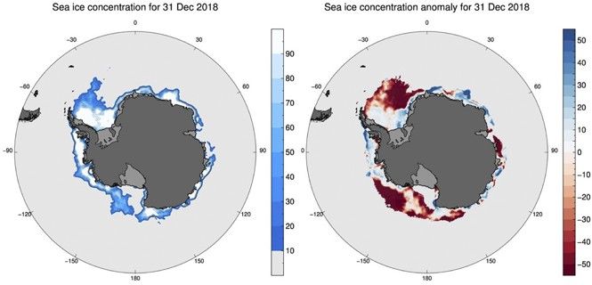 Concentración de hielo marino en la Antártida y anomalía en la misma / Imagen:  Phil Reid, ABM