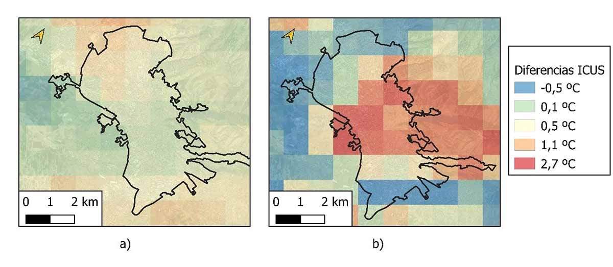 Diferencias de intensidades de la Isla de Calor Urbana de Superficie diurna a) y nocturna b) / Imagen: UGR