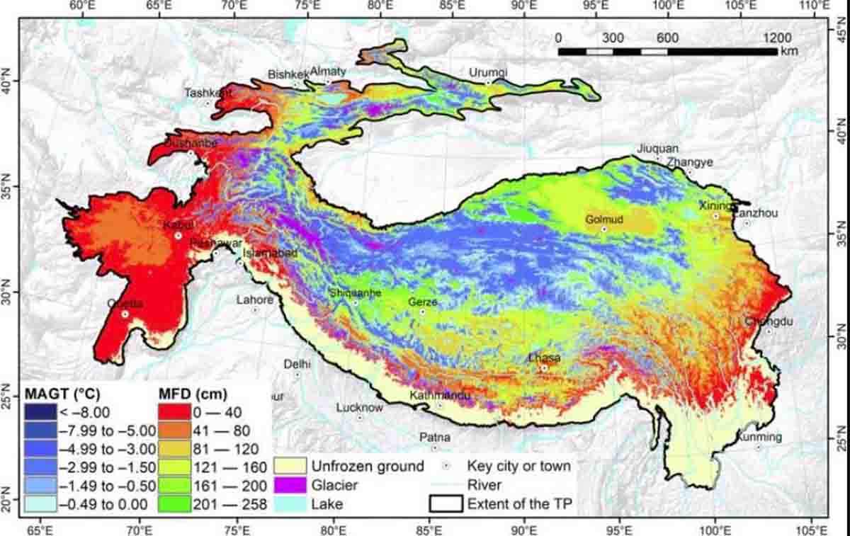 El permafrost del Tercer Polo de la Tierra se degrada. Estados actuales de la temperatura media anual del suelo y profundidad máxima de helada en el Tercer Polo / Imagen: