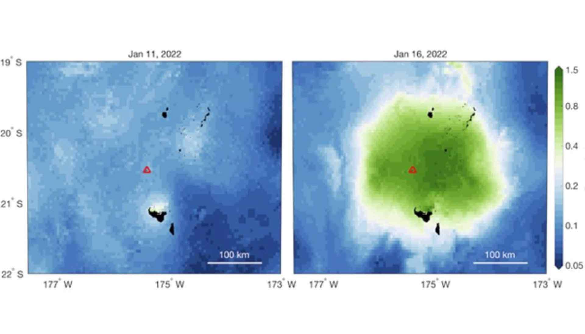 Mapas de clorofila oceánica antes (izquierda) y después (derecha) de la erupción / Imagen: EP