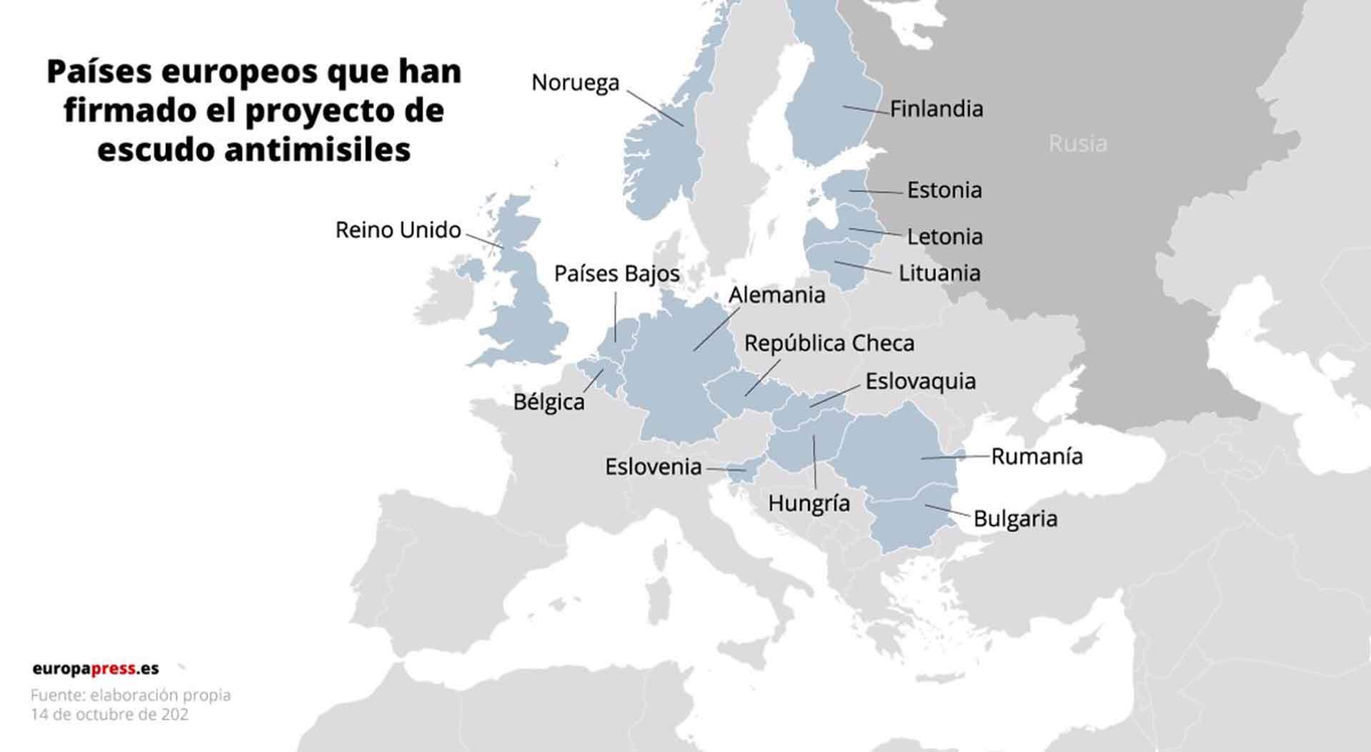 Países europeos que han firmado el proyecto de escudo antimisiles / Mapa: EP