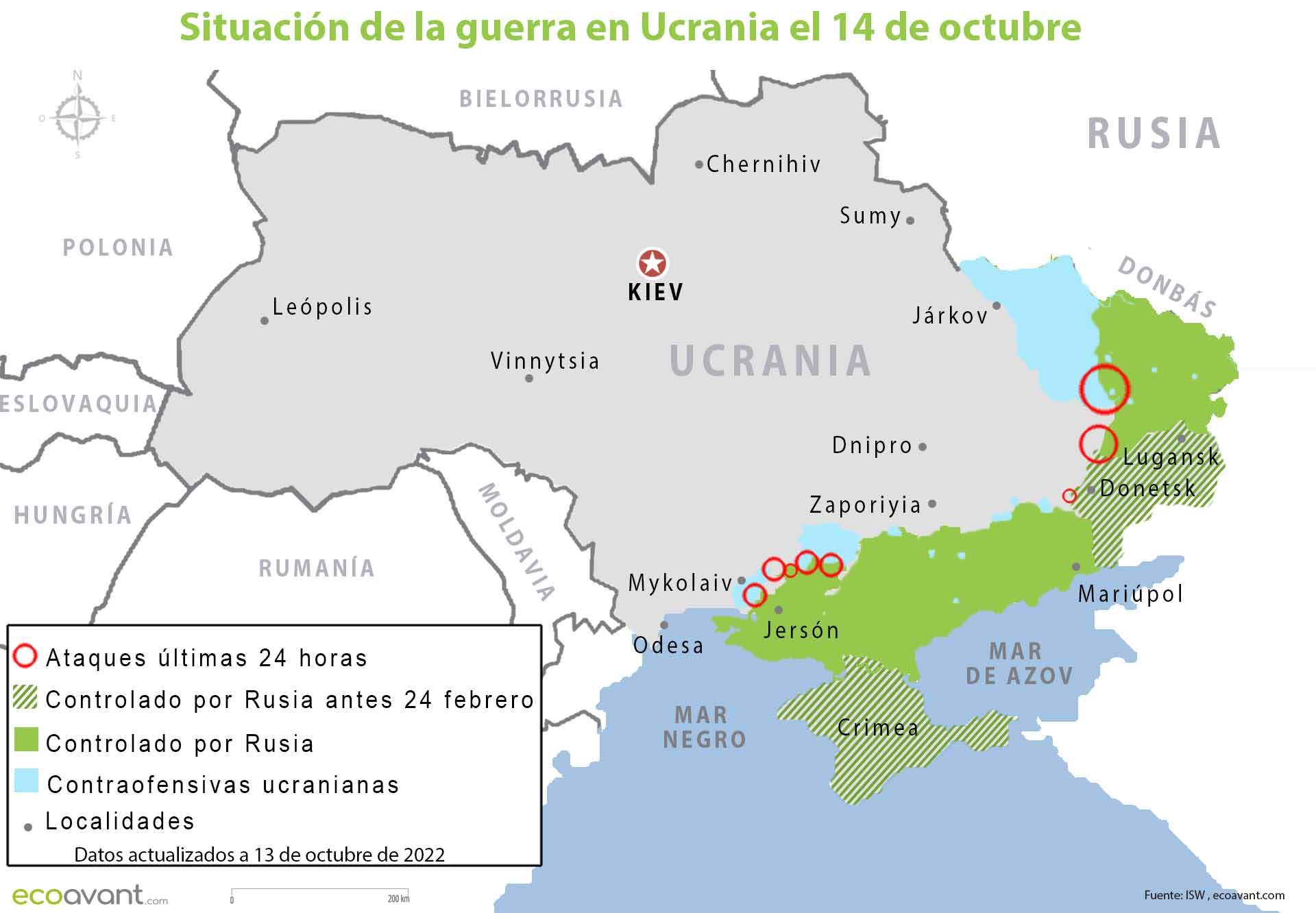 Situación de la guerra en Ucrania el 14 de octubre de 2022 / Mapa: EA Situación de la guerra en Ucrania el 14 de octubre de 2022 / Mapa: EA