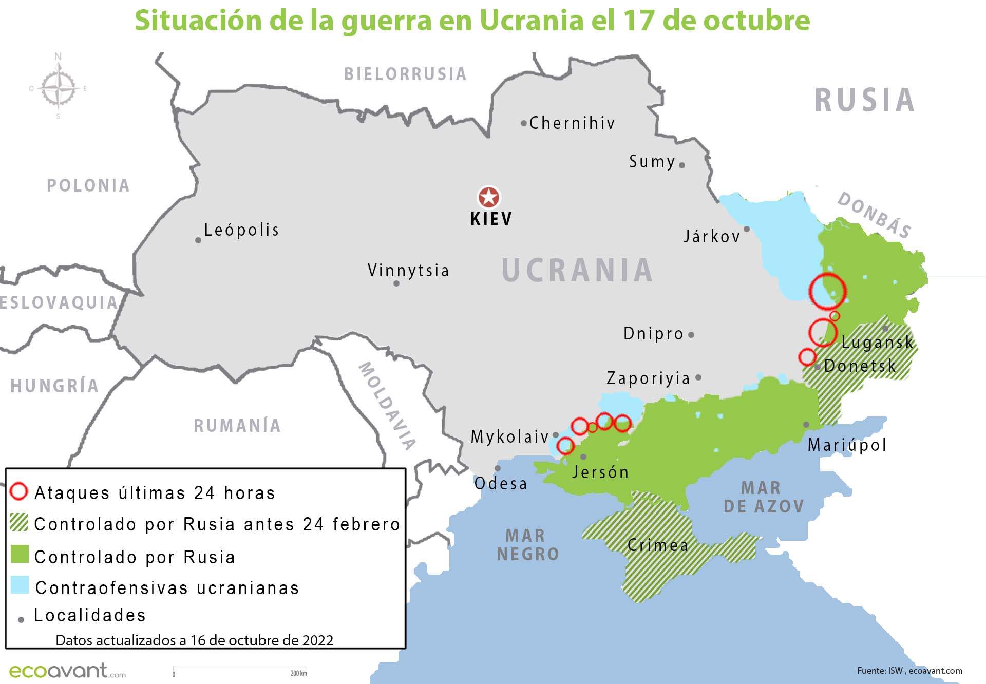 Situación de la guerra en Ucrania el 17 de octubre de 2022 / Mapa: EA Situación de la guerra en Ucrania el 17 de octubre de 2022 / Mapa: EA