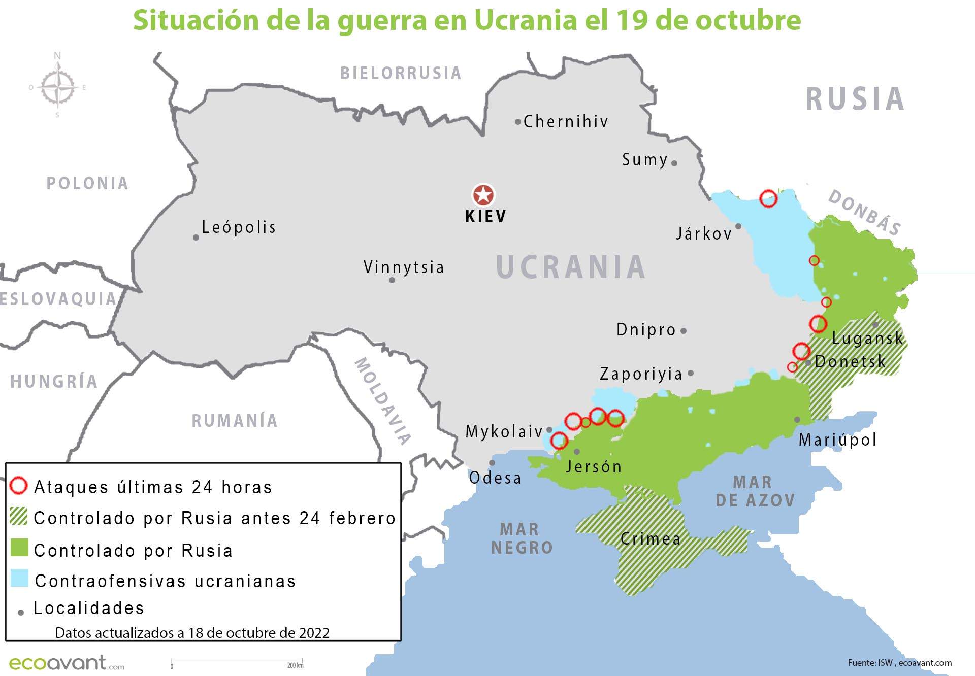 Situación de la guerra en Ucrania el 19 de octubre de 2022 / Mapa: EA