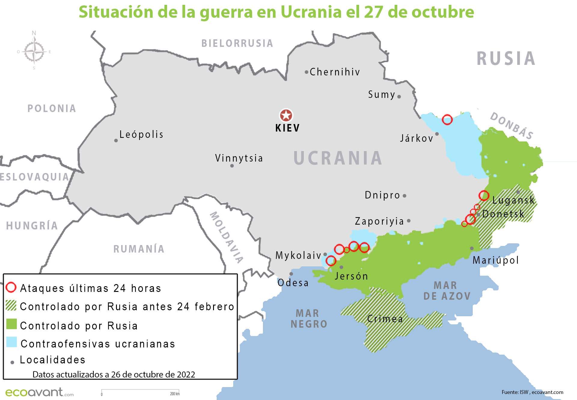 Situación de la guerra en Ucrania el 27 de octubre de 2022 / Mapa: EA Situación de la guerra en Ucrania el 27 de octubre de 2022 / Mapa: EA