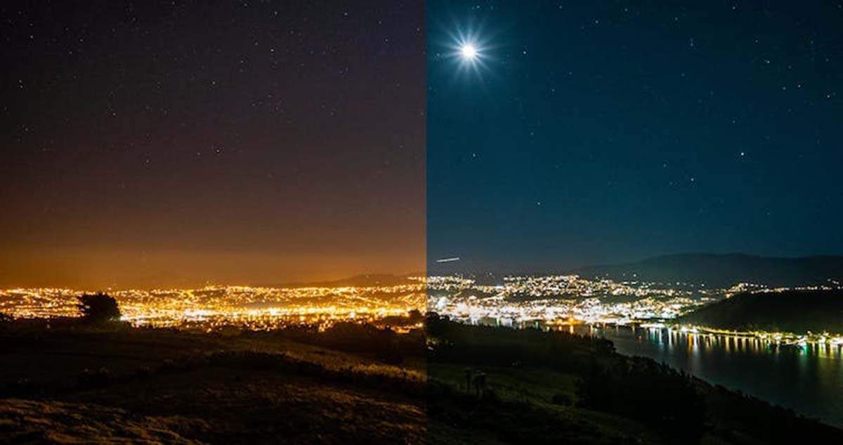 Hay una diferencia de cinco años entre el lado izquierdo y el derecho de la imagen. Ese es el periodo en el que la ciudad de Dunedin, en Nueva Zelanda, cambió sus luces de sodio por iluminación LED. Noches más blancas / Foto: Brad Phipps, @bradphippsnz, CC BY-SA