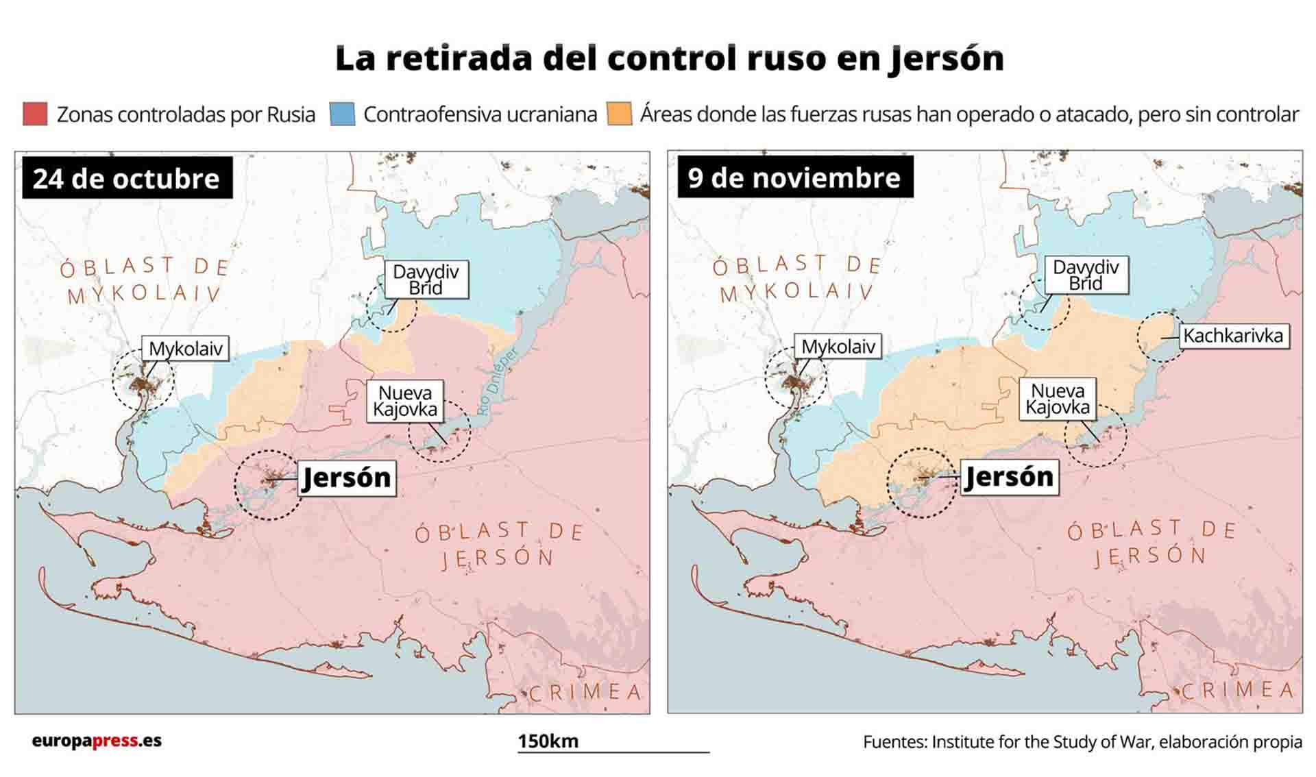 Mapa de la retirada del contron ruso en Jersón, Ucrania / Mapa: EP