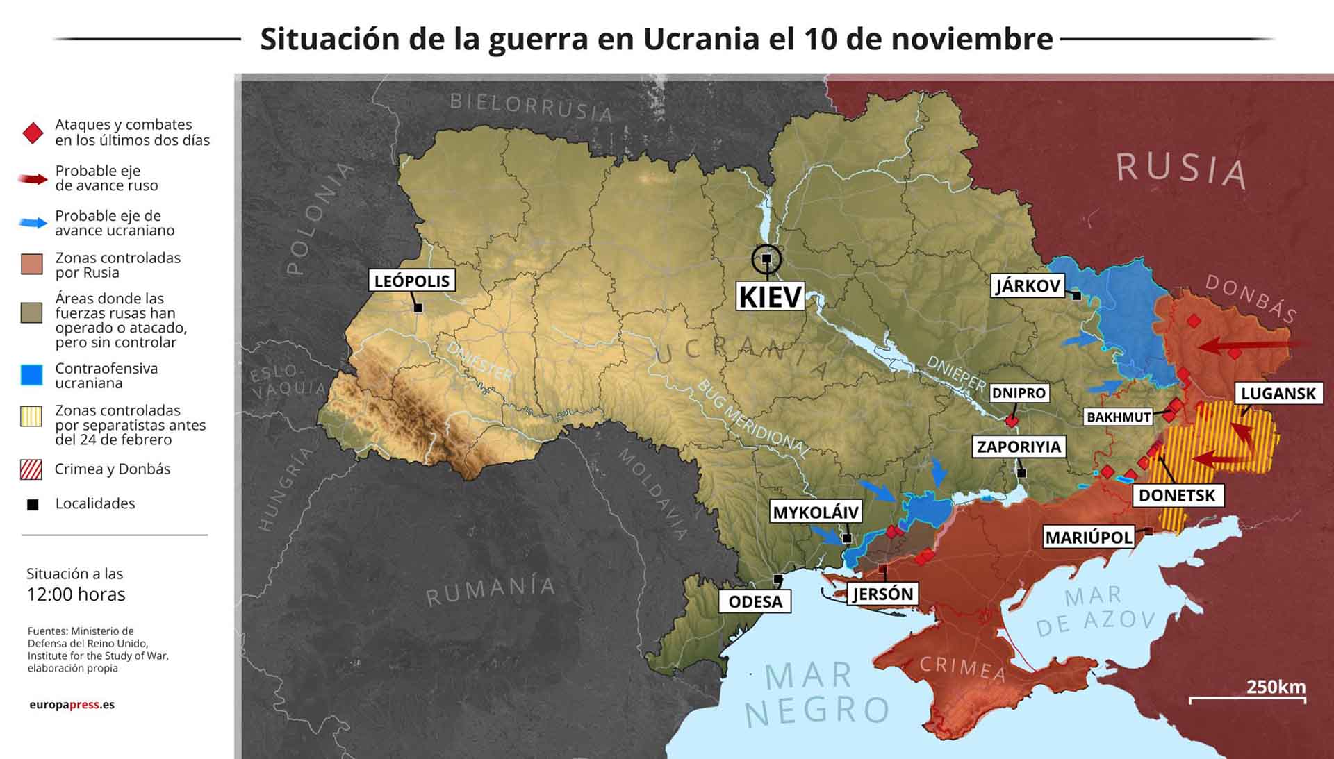 Mapa de la situación de la guerra en Ucrania a 10 de noviembre de 2022 / Mapa: EP Mapa de la situación de la guerra en Ucrania a 10 de noviembre de 2022 / Mapa: EP