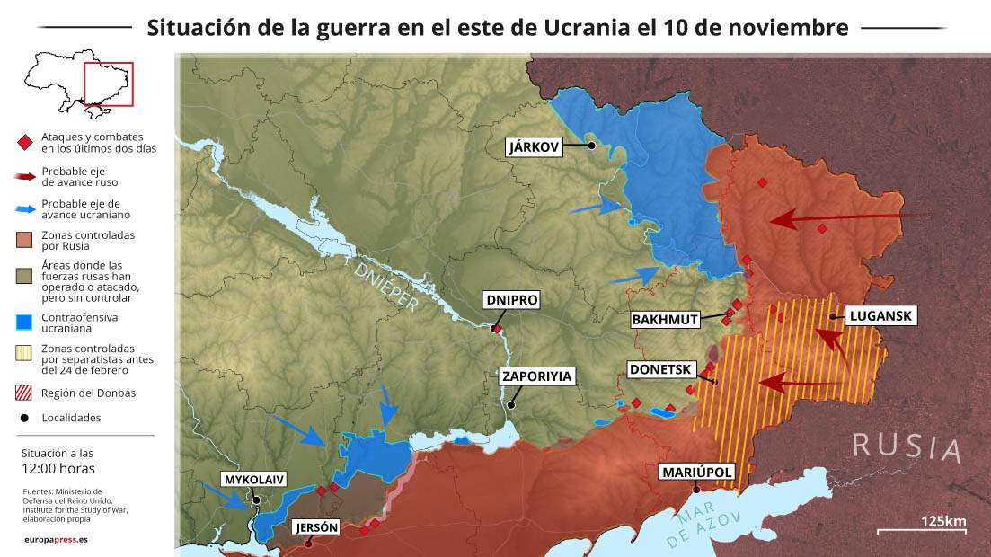 Mapa de la situación de la guerra en el este de Ucrania a 10 de noviembre de 2022 / Mapa: EP Mapa de la situación de la guerra en el este de Ucrania a 10 de noviembre de 2022 / Mapa: EP
